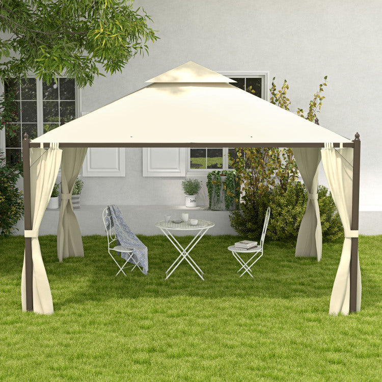 Outsunny 10' X 12' Steel Outdoor Patio Gazebo With Polyester Privacy Curtains, Two Tier Roof For Air, Large Design