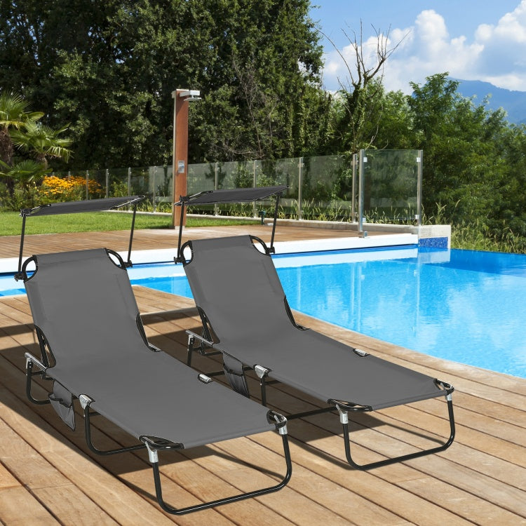 Outsunny Folding Chaise Lounge Pool Chairs, Outdoor Sun Tanning Chairs With Canopy Shade, Reclining Back, Steel Frame And Side Pocket For Beach, Yard, Patio, Dark Gray