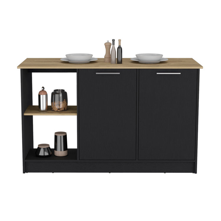 Kitchen Island With Large Countertop, Open Storage Shelves And Double Door Cabinet, Black Macadamia