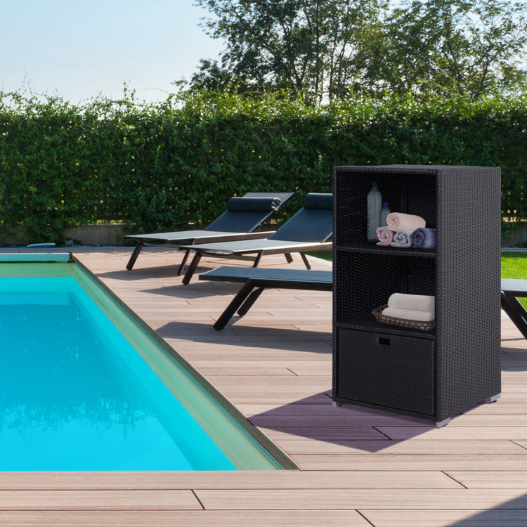 Outsunny Valet Pool Towel Rack, Waterproof Pe Plastic Rattan Wicker Storage Organizer, Indoor Outdoor Spa, And Hot Tub Accessory Storage, 2 Shelves, 1 Basket Drawer, Espresso