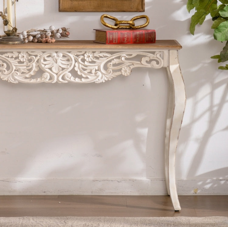 43.31" French Country Carved Console Table Antique White Distressed Solid Wood & Mdf Entry Table With Curved Legs For Hallway Living Room