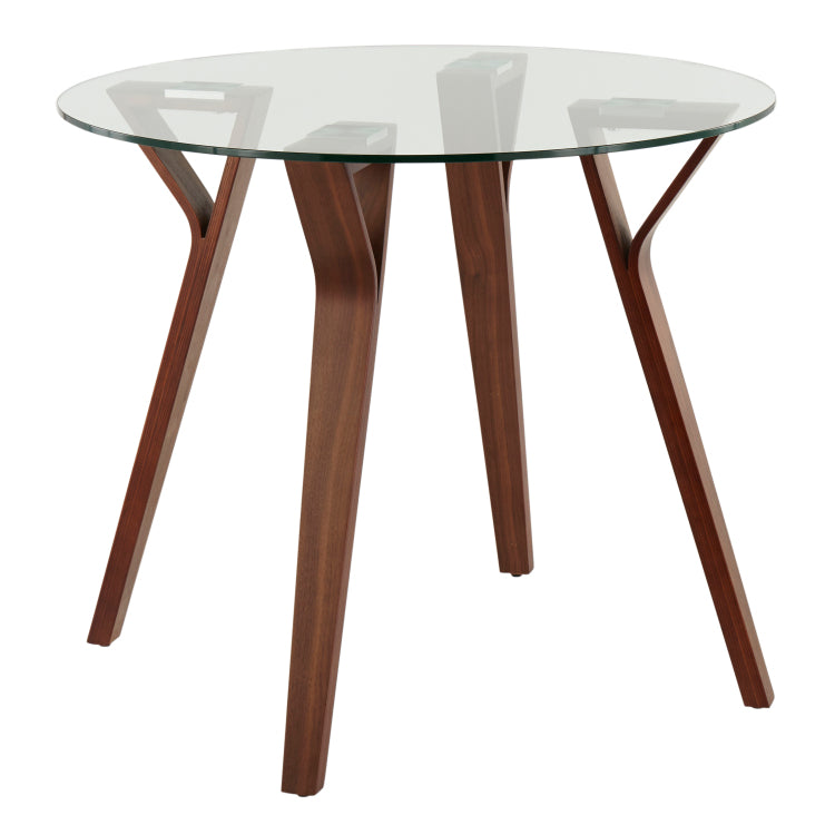 Folia Round Fabrizzi Mid Century Modern Dining Set In Walnut Wood, Round Clear Tempered Glass And Grey Fabric By 3 Piece