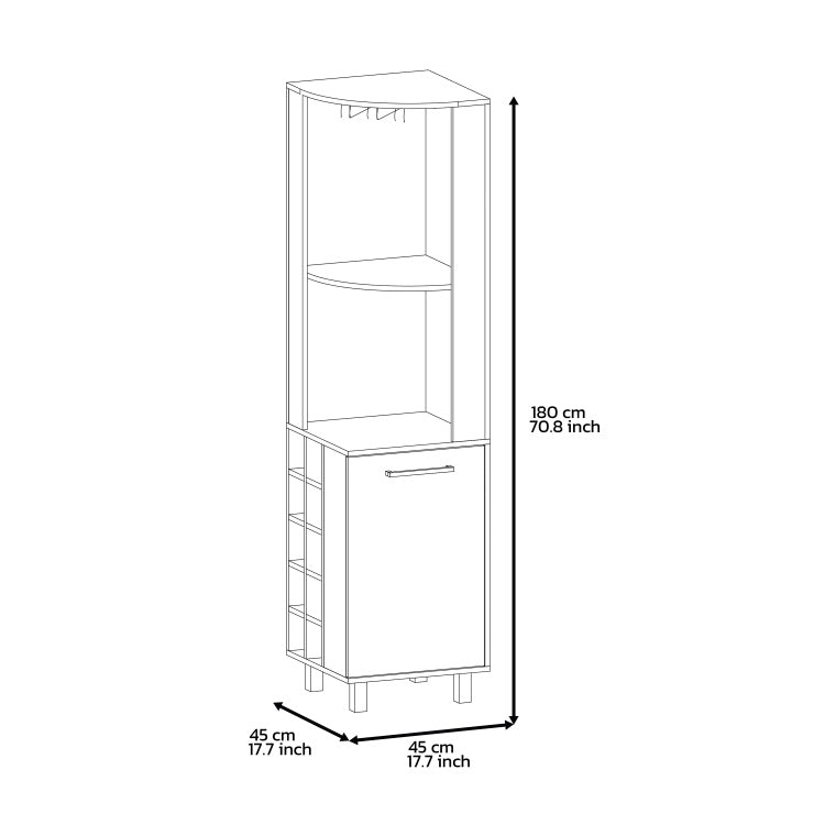 Corner Bar Single Door Cabinet Two Shelves, Ten Built In Wine Rack, Two Interior Shelves, Black Pine