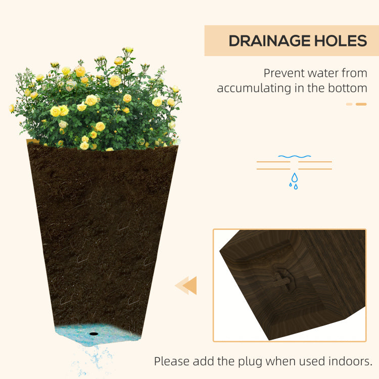 Outsunny 28" Tall Outdoor Planters, Set Of 3 Large Taper Planters With Drainage Holes And Plug, Faux Wood Plastic Flower Pots For Outdoor, Indoor, Garden, Patio, Brown