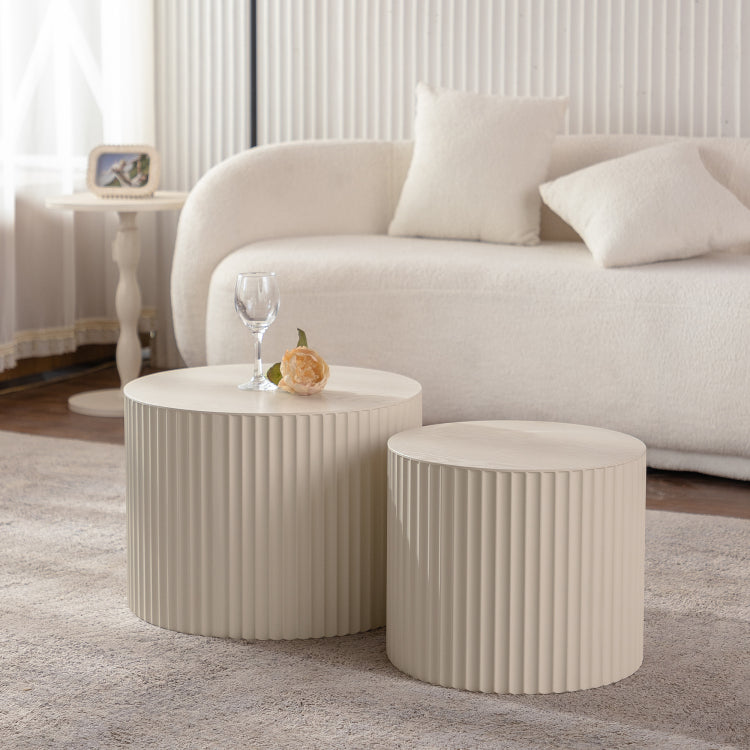 Beige Nesting Coffee Table Set Of 2 Modern Drum Side Table End Table Wave Stripe Round Coffee Table For Living Room