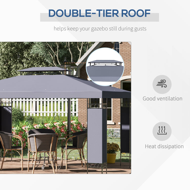 Outsunny 10' X 13' Patio Gazebo, Double Roof Outdoor Gazebo Canopy Shelter With Screen Decorate Corner Frame, For Garden, Lawn, Backyard And Deck, Gray