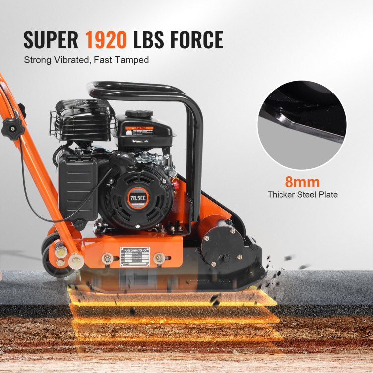 Plate Compactor, 2.8 Hp 78.5Cc Gas Engine 5,250 Vpm, 1,920 Lbs Force Vibratory Compaction Tamper With 18.7 X 11.8 Inch Plate For Walkways, Patios, Asphalts, Paver Landscaping