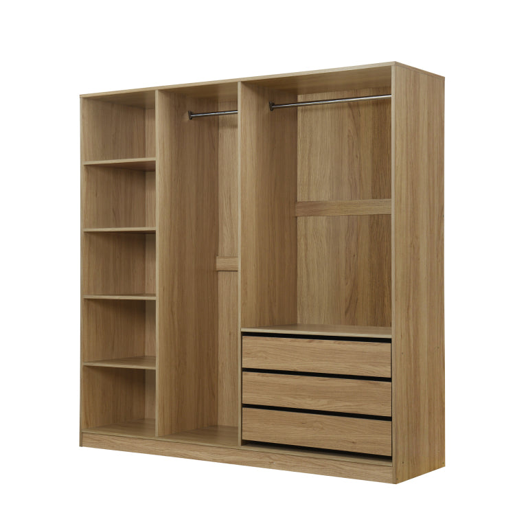 Doorless Wooden Storage Wardrobe For Dedroom With Shelves And 3 Drawers,Nature