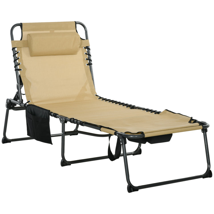 Outsunny Folding Chaise Lounge With 5 Level Reclining Back, Outdoor Tanning Chair With Reading Face Hole, Outdoor Lounge Chair With Side Pocket & Headrest For Beach, Yard, Patio, Beige