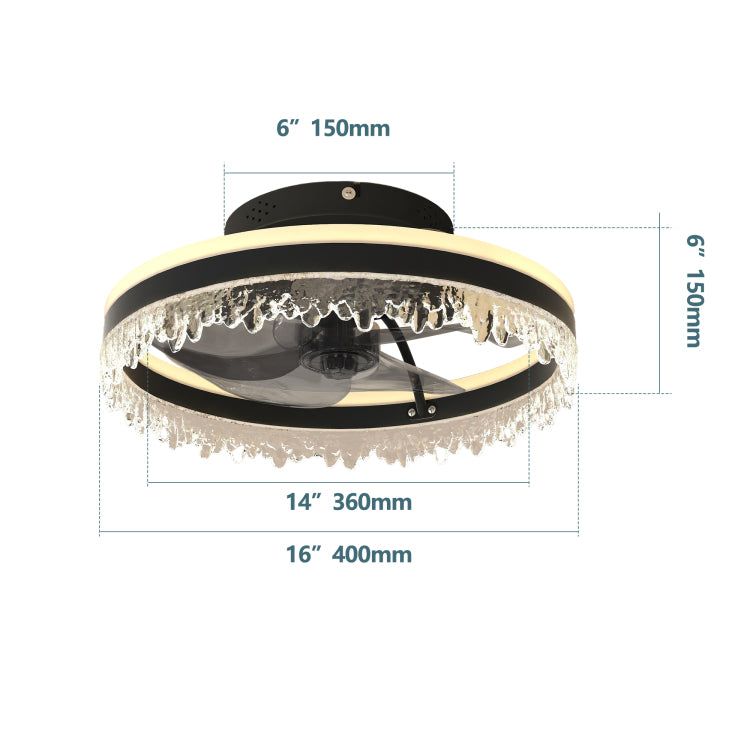 Modern Led With Light 16'' Dimmable Ceiling Light With Invisible Blades And Crystal Design, Remote Control & Adjustable Color Temperature, Quiet Fan For Bedroom, Living Room,Black