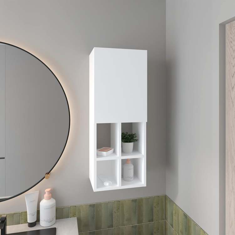 White Wall Mounted Bathroom Cabinet With Door And 4 Open Shelves