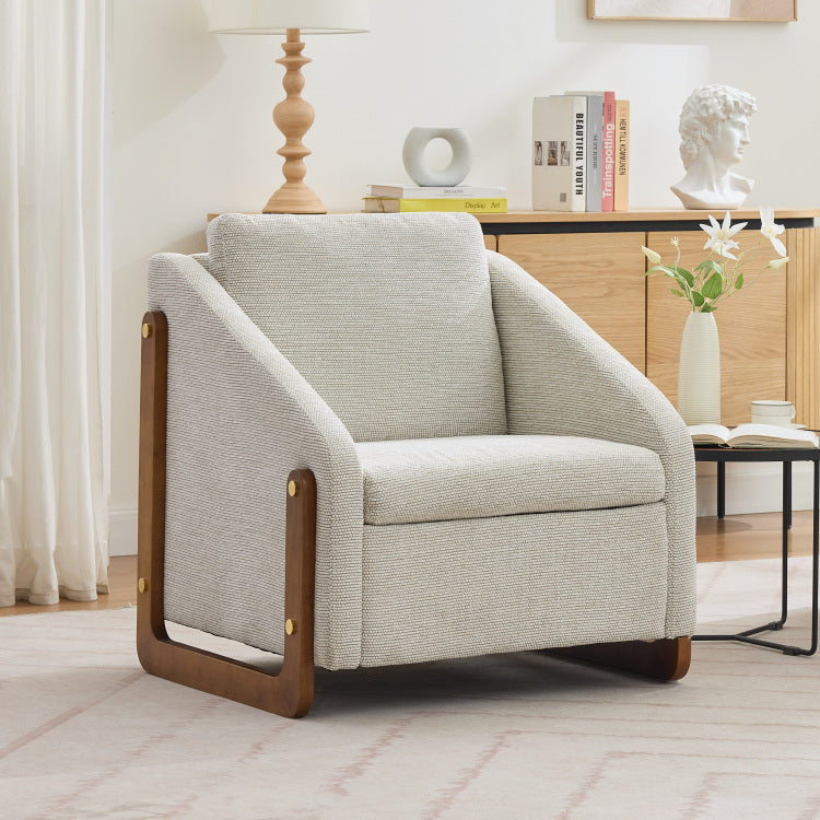 057 Set Of 1 Chenille Fabric Modern Upholstered Armchair With Wooden Side Frame , Accent Leisure Chair With Cushioned Seat And Backrest For Living Room, Bedroom,Beige
