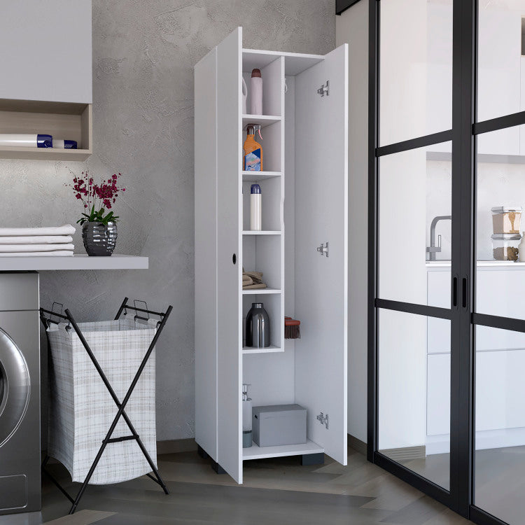Lake Broom Cabinet Slim Design Storage Solution With Inner Shelves And Side Broom Hangers White