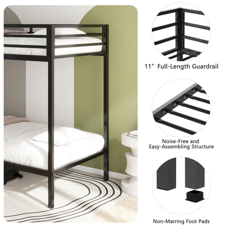 Adam Sturdy Twin Over Twin Bunk Bed Metal Black For Kids And Adult, Twin Over Twin Bunk Bed With Ladder And Guardrails, Easy Climbing, Beds For Bedroom