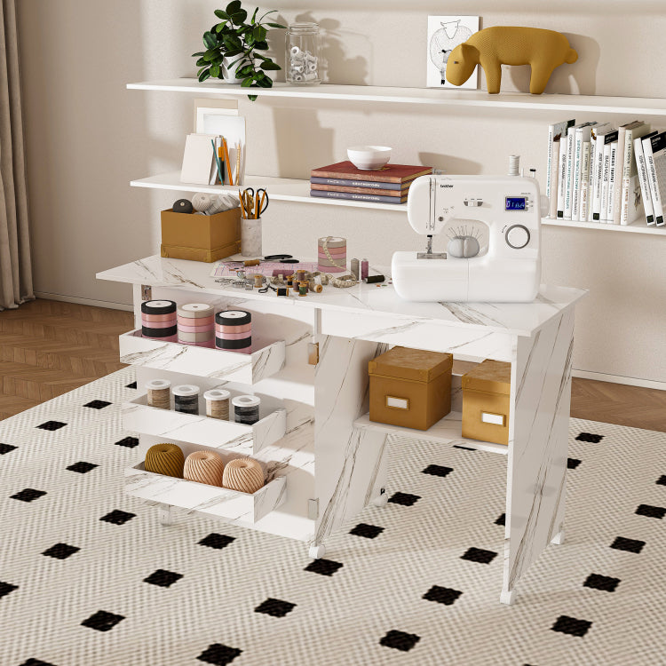 4 In 1 Folding Sewing Table With Lockable Wheels Multi Functional Craft Station, End Table, Computer Desk & Kitchen Storage With Shelves, White Rolling Sewing Machine Table For Apartments