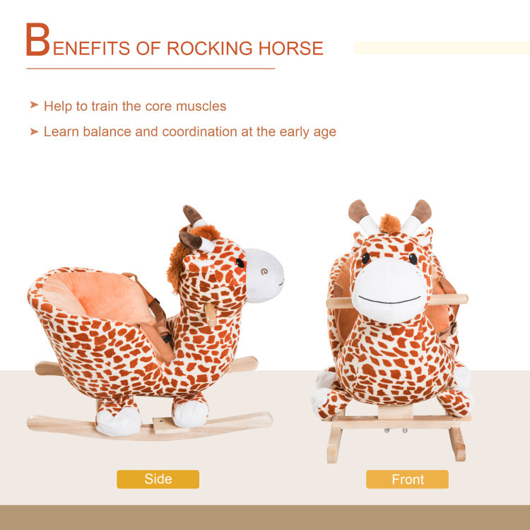 Qaba Kids Plush Rocking Horse Giraffe Style Themed Ride On Chair Toy With Sound Brown
