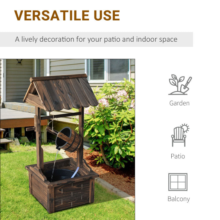 Outsunny Outdoor Wooden Wishing Well Fountain With Adjustable Water Flow Rate, Outdoor Rustic Waterfall Fountain With Electric Pump, Water Bucket, For Backyard Patio Garden Lawn, Carbonized Finish