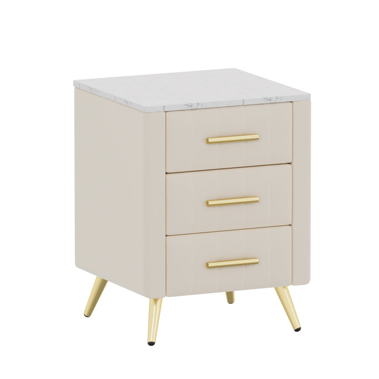 Upholstered Wooden Nightstand With 3 Drawers And Metal Legs&Handles, Bedside Table With Marbling Stickers Worktop Beige