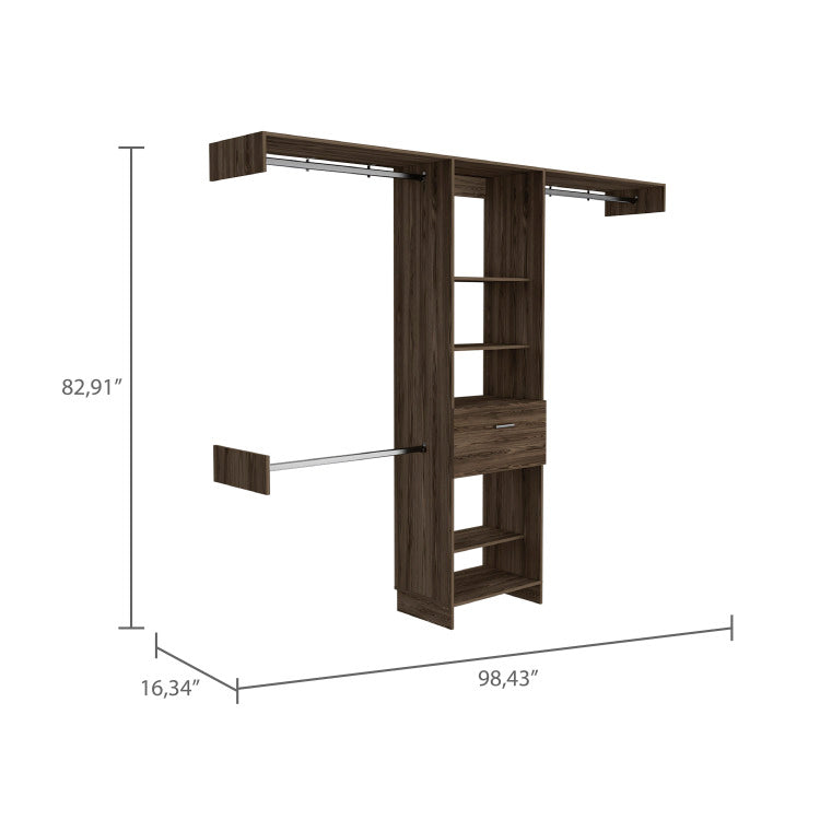 Cross Closet System, One Drawer, Three Metal Rod, Five Open Shelves