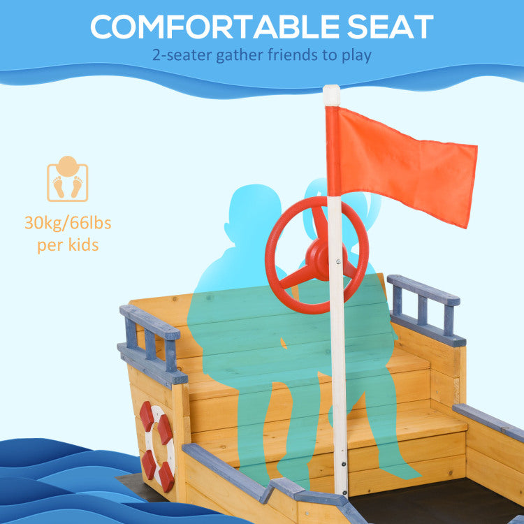 Outsunny Wooden Kids Pirate Sandbox, Outdoor Sandboat With Bench Seats, Storage, Non Woven Fabric Cloth For Backyard, Lawn
