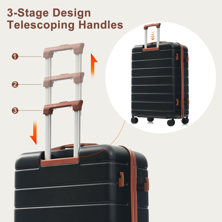 Premium Abs Travel Luggage Set , 3 Piece Tsa Lock Suitcase Ensemble With 20, 24, And 28 Inch Sizes With 360 Spinner Wheels, Black And Brown