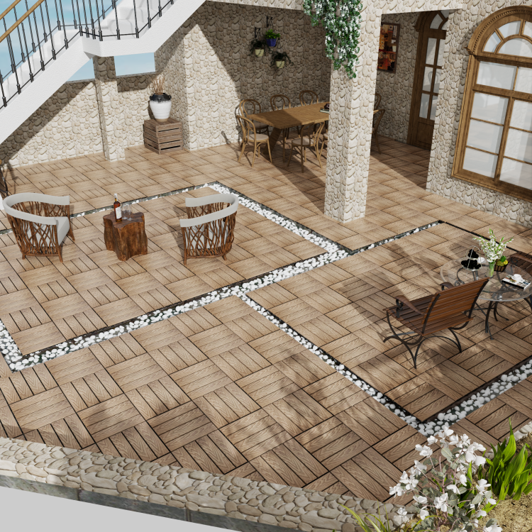 Patio Floor Tiles Pack Of 11 Wpc Wood Plastic Composite Patio Deck Tiles Diy Interlocking Decking Tiles, Quick Deck Floor Tile, Court Tile, Water Resistant Indoor Outdoor 11.8" 3D Teak
