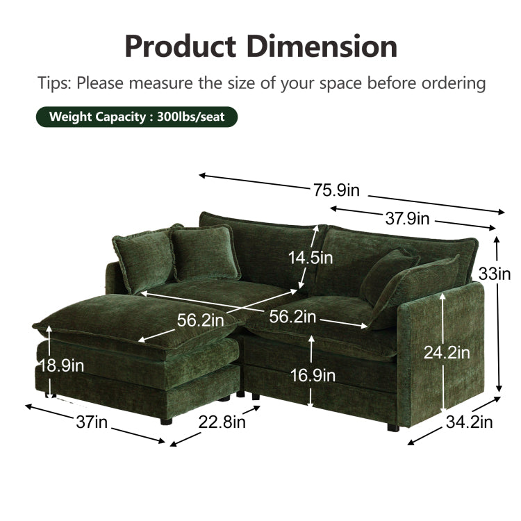 4 Piece Upholstered Sectional Sofa, 1 Piece Of 2 Seater Sofa And 2 Piece Of Ottomans , 2 Seater Loveseat Lounge With Ottomans , Green Chenille