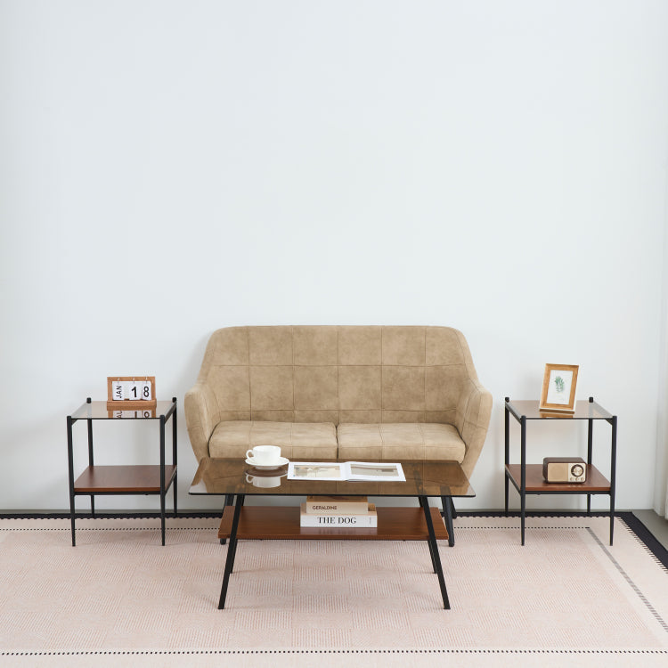 Coffee Table And End Tables Set Of 3, Tempered Glass Table With Mdf Layer, Modern Tables For Living Room , Brown Glass