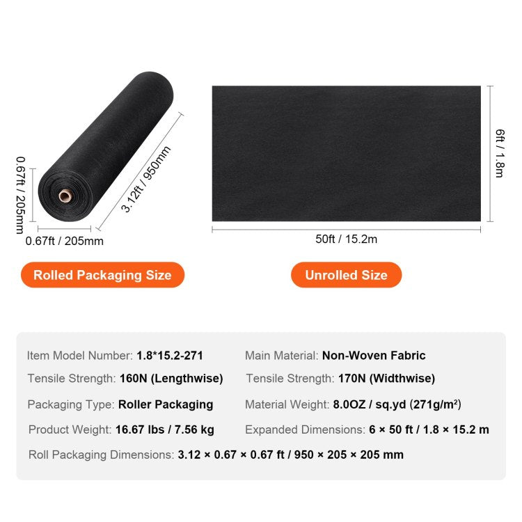 Non Woven Geotextile Fabric 6X50Ft 8Oz Ground Cover Weed Control Fabric