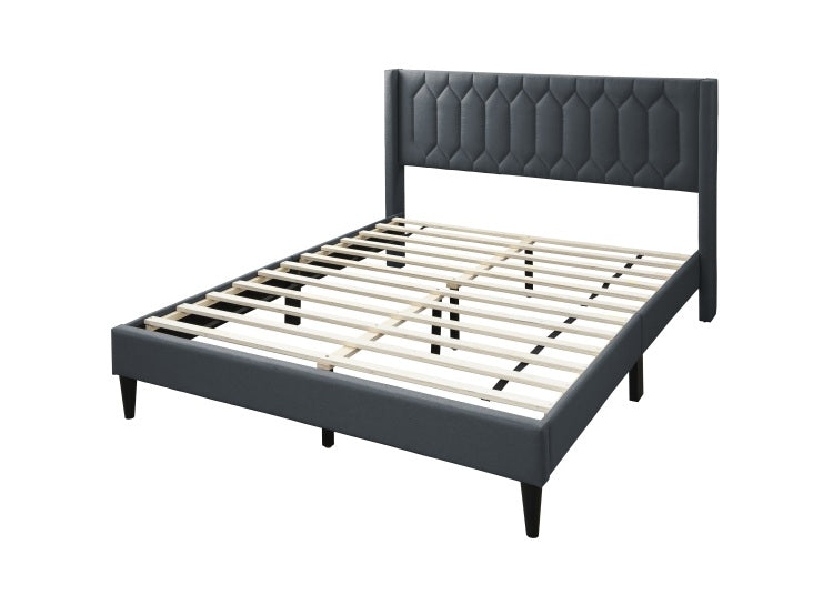 Modern Eye Catching 1Pc Full Size Bed Charcoal Burlap Fabric Unique Diamond Design Headboard Bedroom Furniture