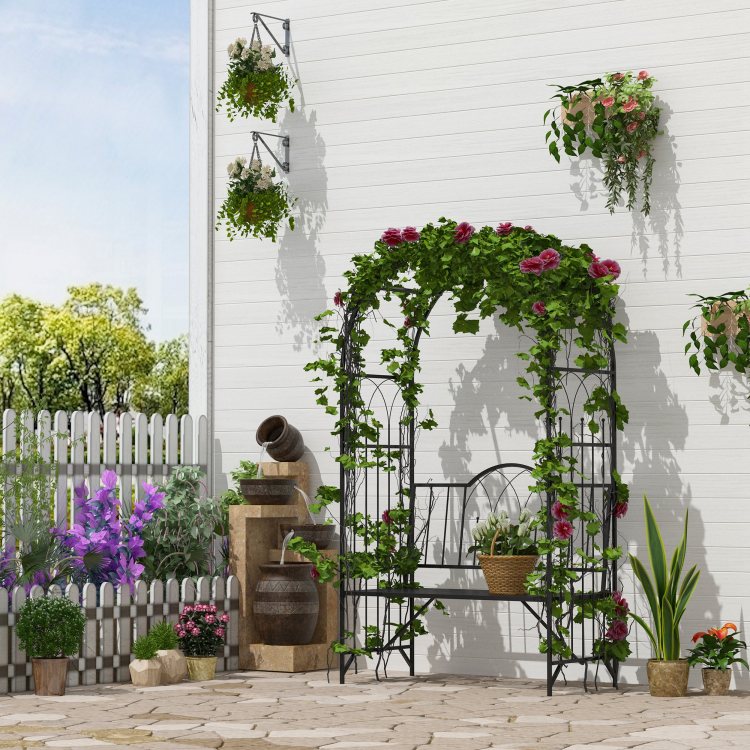 Outsunny Metal Trellis Arbor Arch For Climbing Plants With Garden Bench, Grow Grapes & Vines, Patio Decor & 2 Person Outdoor Interlacing Decorative Seating With Tips, 484 Lbs. Weight Capacity, Black