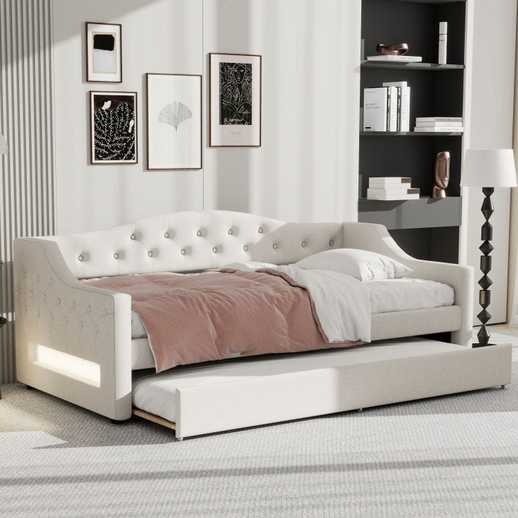 Upholstered Twin Xl Size Daybed With Led Belt And Trundle, Beige