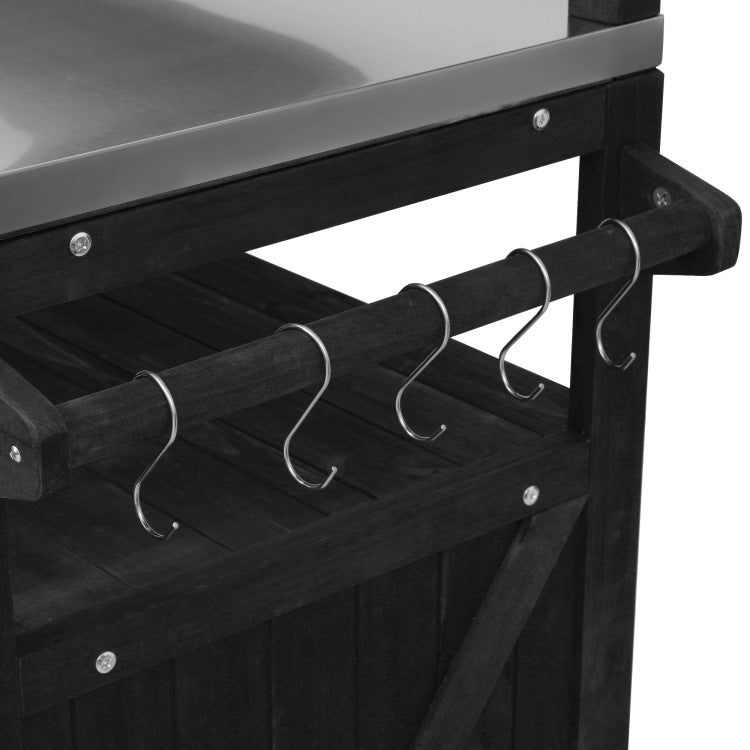 K&K 53.3" Outdoor Kitchen Island With Raised Shelf, Solid Wood Storage Cabinet With Stainless Steel Top, Outdoor Rolling Grill Cart With Internal Storage Rack, Adjustable Shelf, Spice Rack, Black