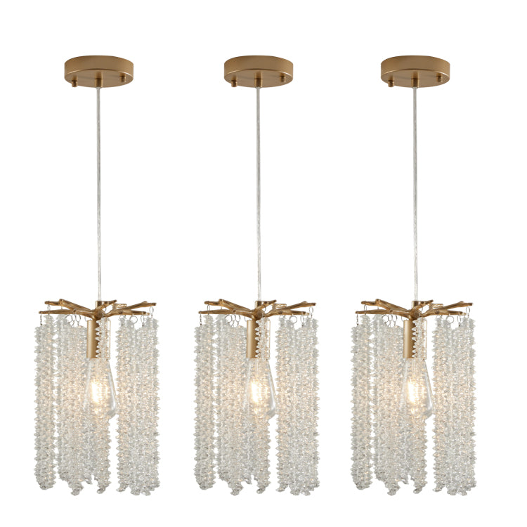 Luxury 3 Pack Crystal Pendant Lights, Elegant Golden Finish Chandelier With Waterfall Bead Design No Bulbs