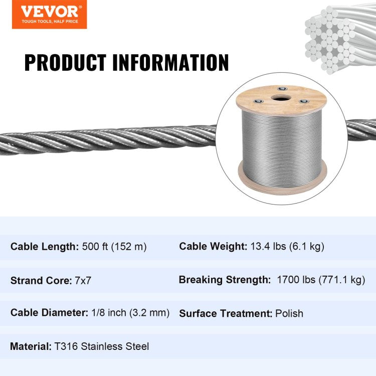 1 8 Stainless Steel Cable Railing 500Ft, Wire Rope 316 Marine Grade, Braided Aircraft Cable 7X7 Strands Construction For Deck Rail Balusters Stair Handrail Porch Fence