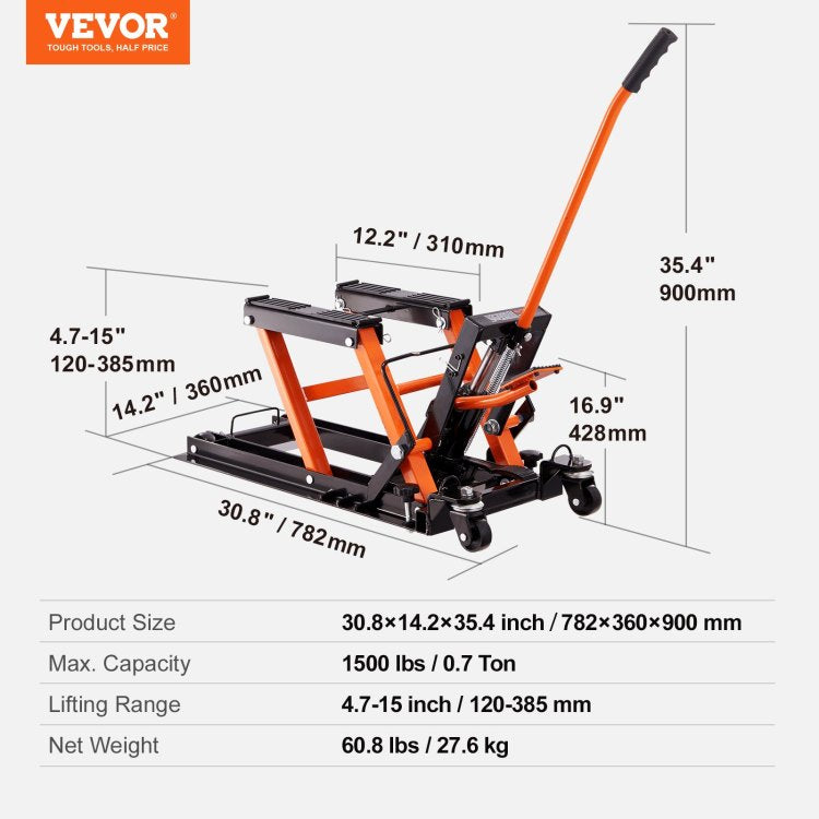 Steel Hydraulic Motorcycle Jack Stand, 1500 Lbs Atv Scissor Lift Jack, 4.7" 15" Scissor Lift Jack Stand With 4 Wheels, Hydraulic Foot Operated Hoist Stand For Motorcycle Atv Utv Powersports