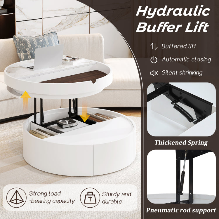 White Round Lift Coffee Table With 1 Drawer In 29.5", Marble Veneer And Wood Grain Tabletop