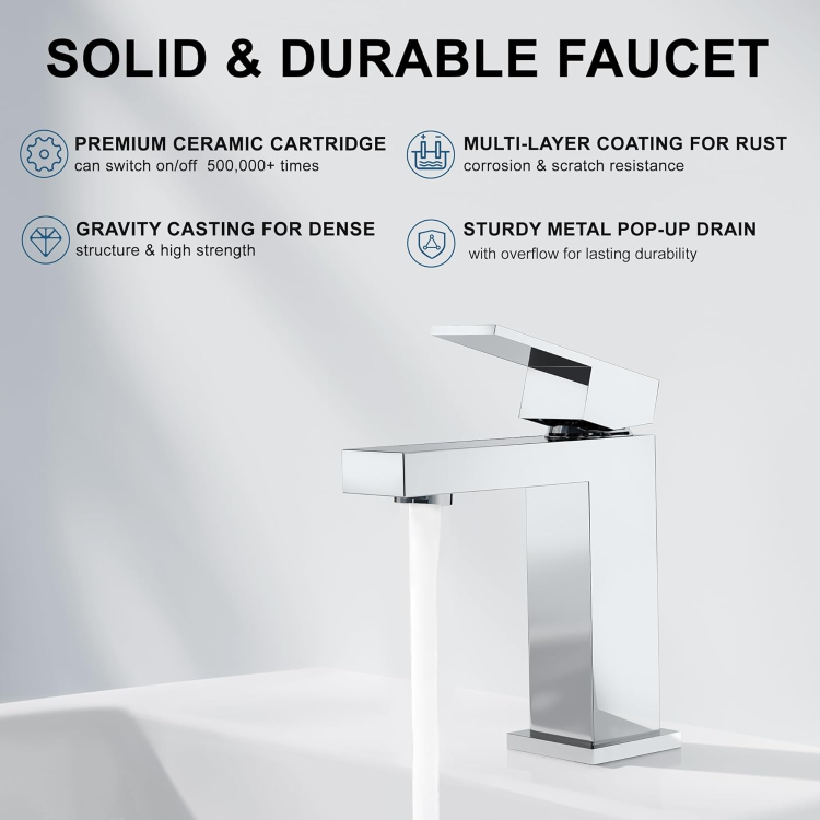 Modern Chrome Bathroom Faucet, Single Hole Bathroom Faucet, Solid Brass Chrome Polished Bathroom Sink Faucet, Single Handle Heavy Duty Square Basin Vanity Square Bathroom Faucet With Pop Up Drain