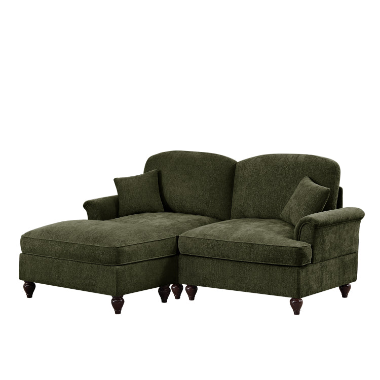 Elegant Mid Century Large Two Seater Modular L Shaped Sofa Couch With Flared Arms And Removable Ruffles Pleats Skirts And Spindle Legs, Comfy Chenille Loveseat Sofa With Movable Ottoman,Green