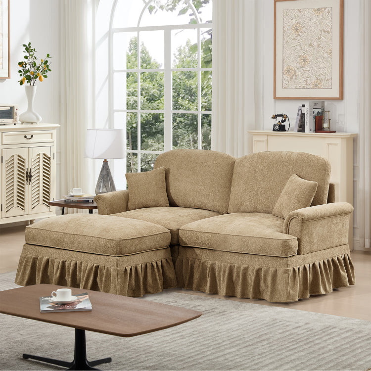 Elegant Mid Century Large Two Seater Modular L Shaped Sofa Couch With Flared Arms And Removable Ruffles Pleats Skirts And Spindle Legs, Comfy Chenille Loveseat Sofa With Movable Ottoman,Light Coffee