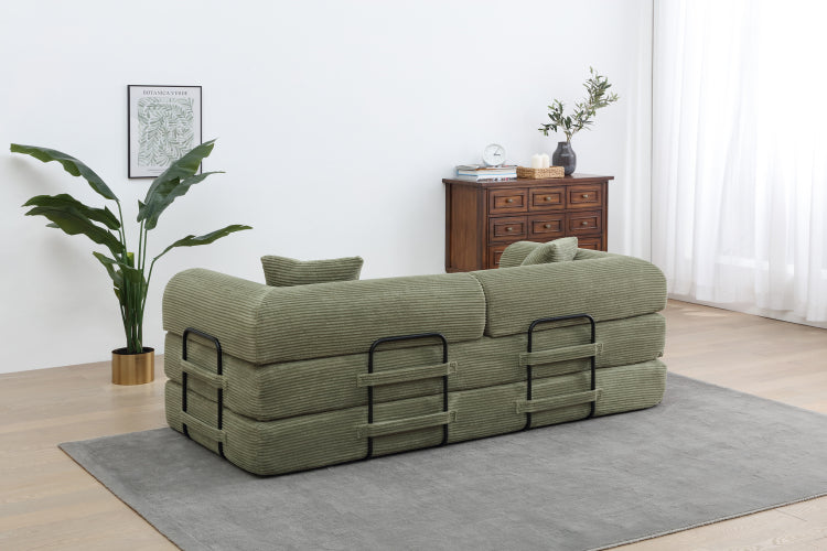 Convertible Sleeper Sofa Bed With Cylindrical Pillow Corduroy Folding Mattress Couch With Fixed Shape Frame For Living Room, Bedroom, Lounge, Studio Light Green
