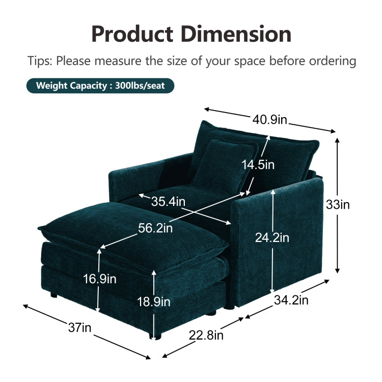 Modern Accent Chair With Ottoman, Living Room Club Chair Chenille Upholstered Armchair , Reading Chair For Bedroom, Blue Chenille