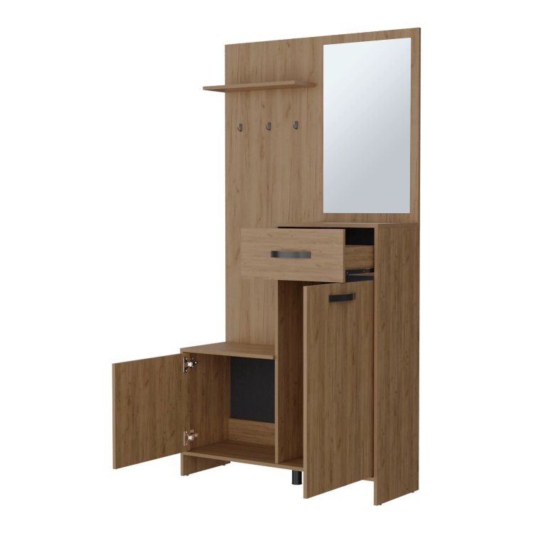 Natural Oak Hall Tree Multistorage With 1 Mirror And Adjustable Legs