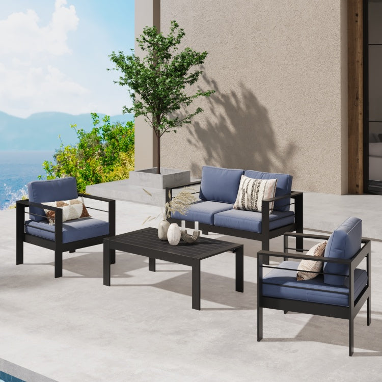 Outdoor Loveseat, All Weather Metal Aluminum Outdoor Patio Furniture Sofa With 5" Thick And Soft Cushion Blue