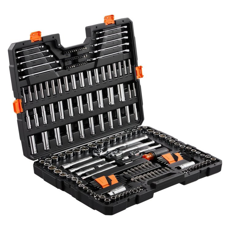 Mechanics Tool Set And Socket Set, 1 4" 3 8" 1 2" Drive Deep And Standard Sockets, 205 Pcs Sae And Metric Mechanic Tool Kit With Bits, Combination Wrench, Hex Wrenches, Accessories, Storage Case