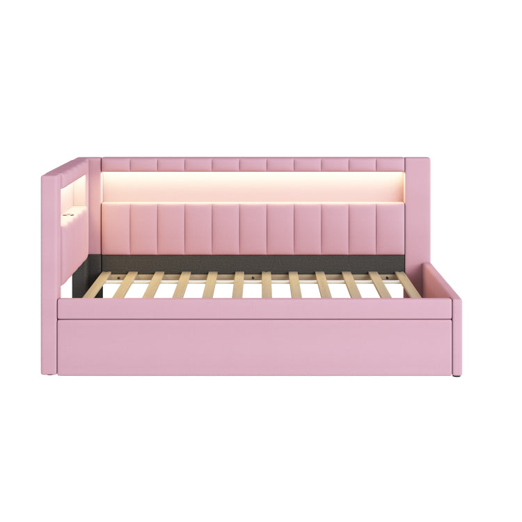 Upholstered Twin Size Platform Bed With Usb Ports And Led Belt, With Trundle, Pink