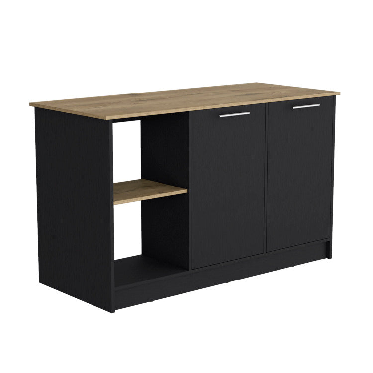 Kitchen Island With Large Countertop, Open Storage Shelves And Double Door Cabinet, Black Macadamia