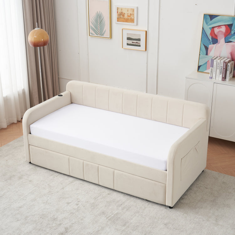 Twin Upholstered Daybed Frame With Trundle, Twin Size Sofa Bed For Bedroom Living Room Guest Room, Wood Slat Support, Beige