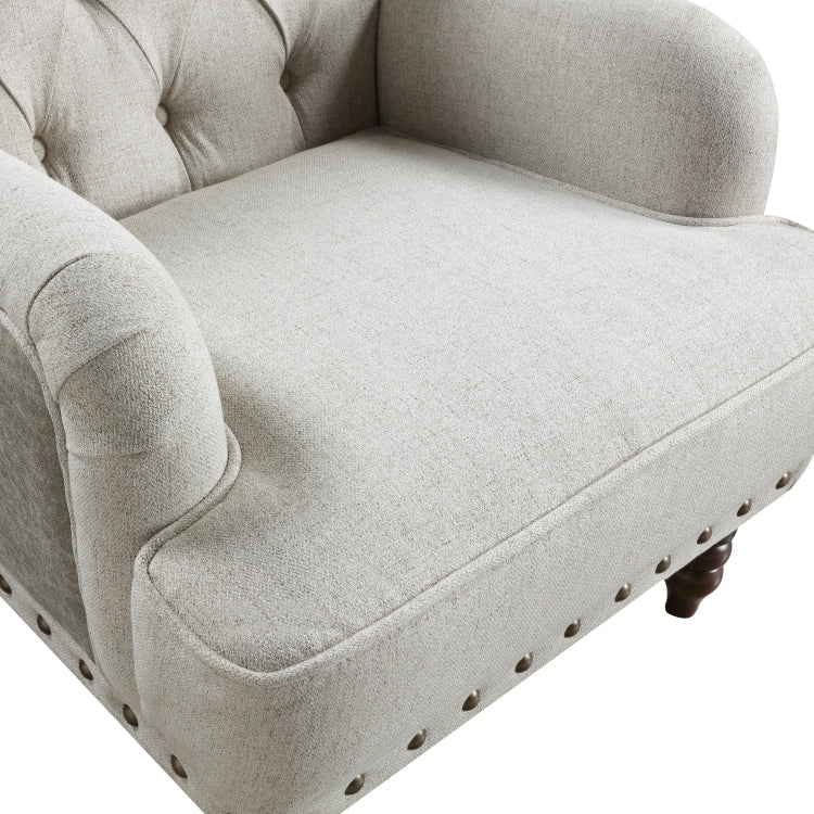 1Pc Beige Accent Chair Button Tufted Solid Wood Nailhead Trim Fabric Upholstery Luxury Living Room Furniture
