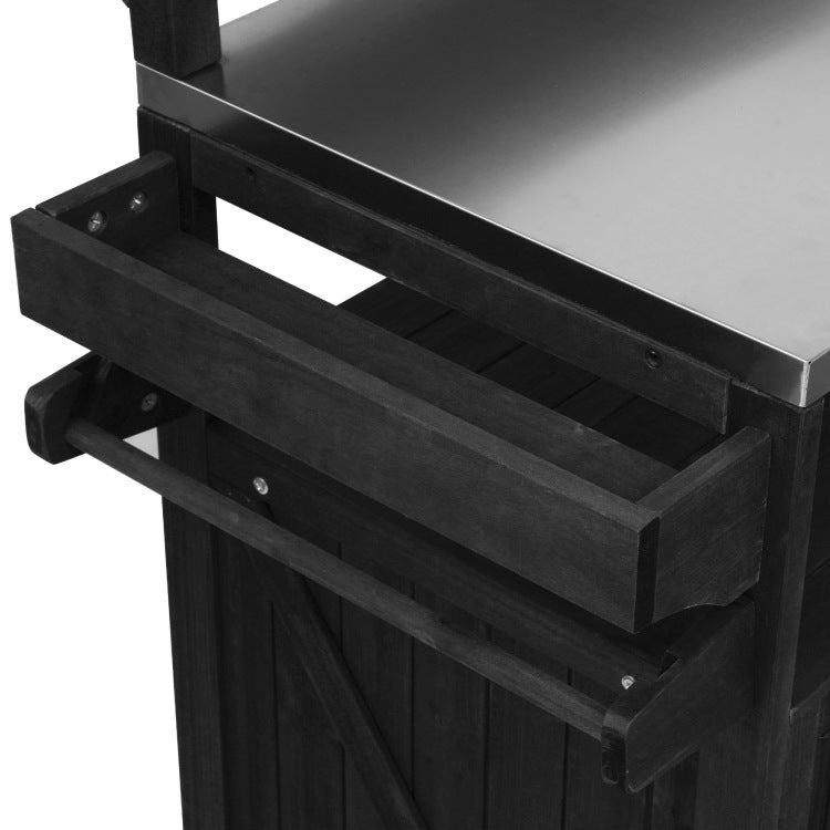 K&K 53.3" Outdoor Kitchen Island With Raised Shelf, Solid Wood Storage Cabinet With Stainless Steel Top, Outdoor Rolling Grill Cart With Internal Storage Rack, Adjustable Shelf, Spice Rack, Black